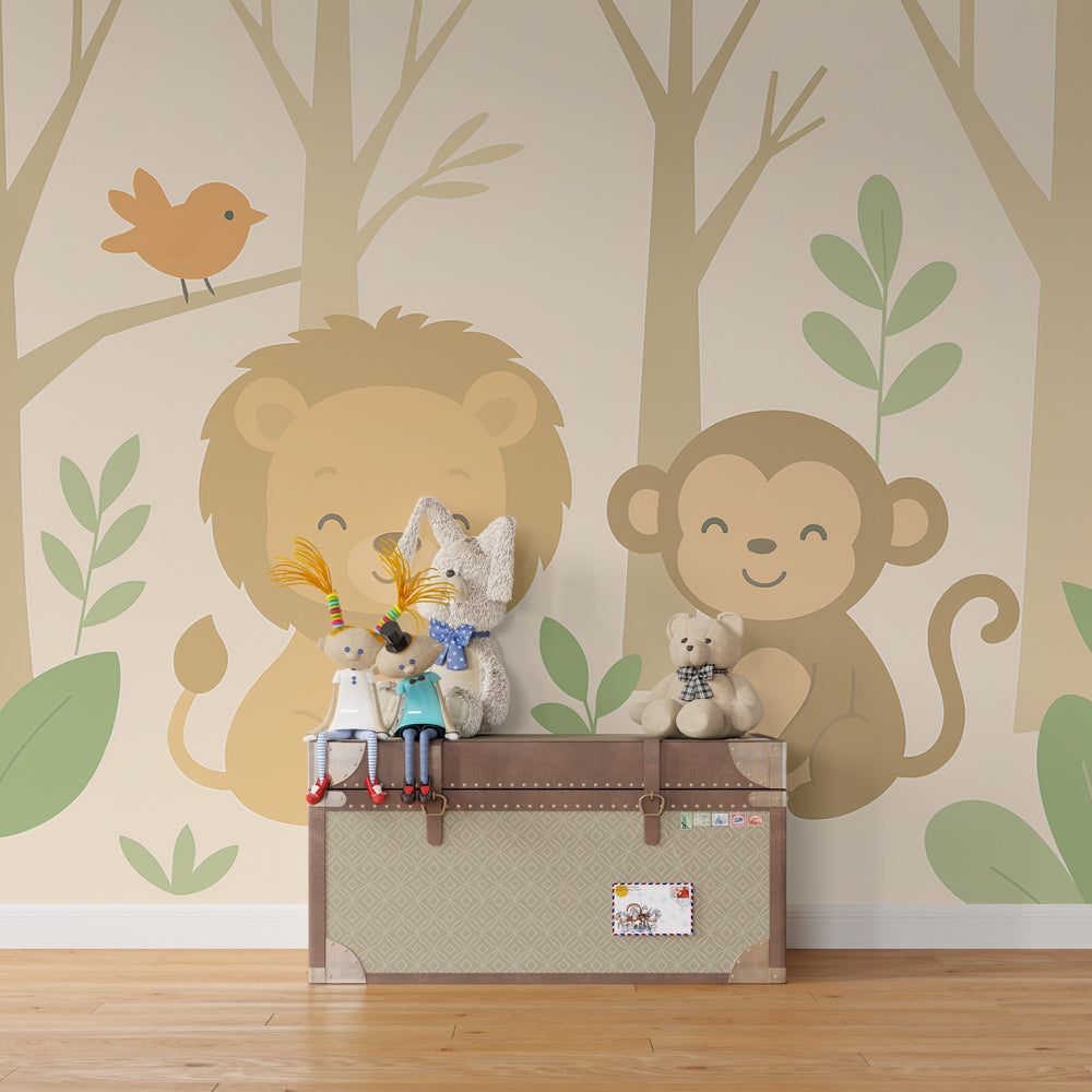 Safari theme wallpaper featuring friendly animals in children's bedroom decor