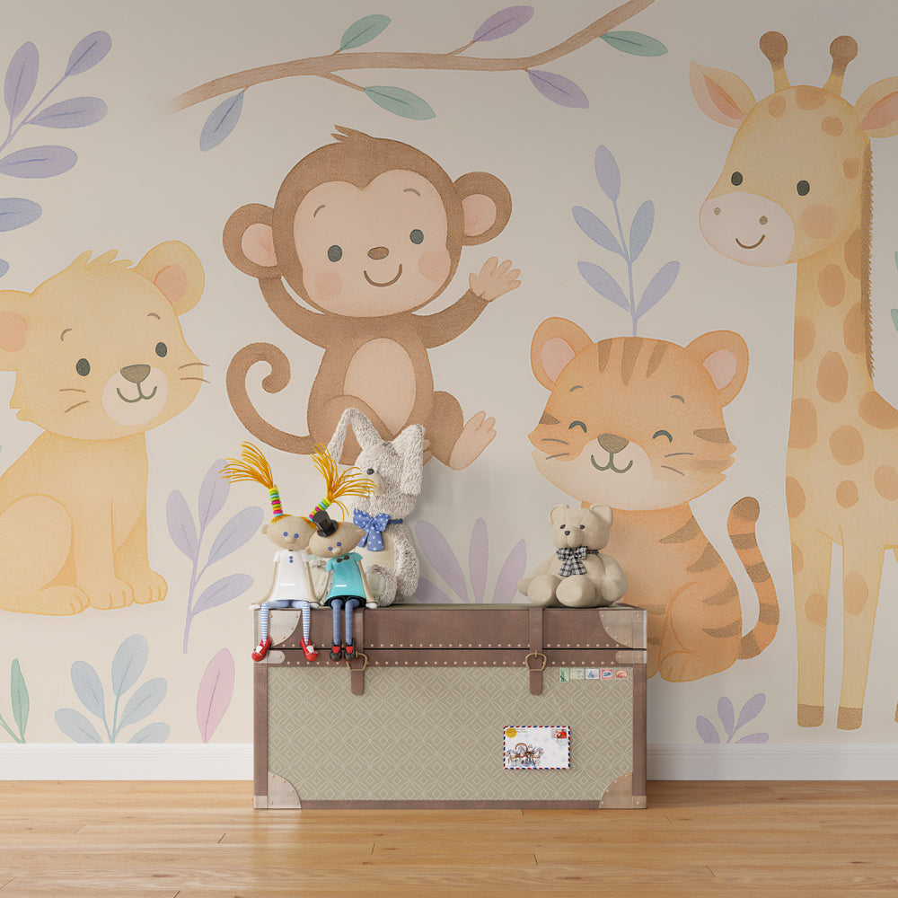 Safari animals wallpaper creating playful atmosphere in children's bedroom decor