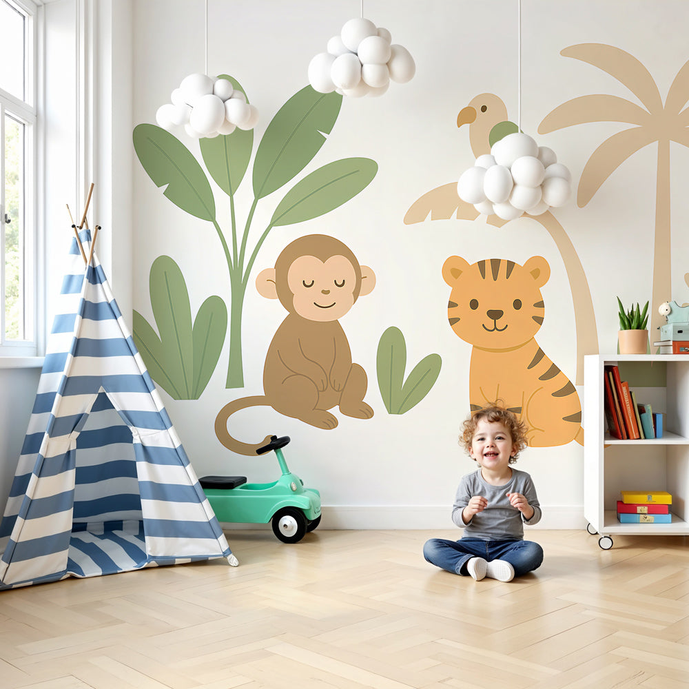 Jungle animals mural wallpaper with monkey and tiger in modern nursery room by Kids-Mundo