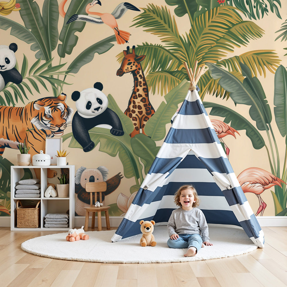 Jungle animals mural wallpaper creating safari-themed nursery decor with lush green foliage by Kids-Mundo