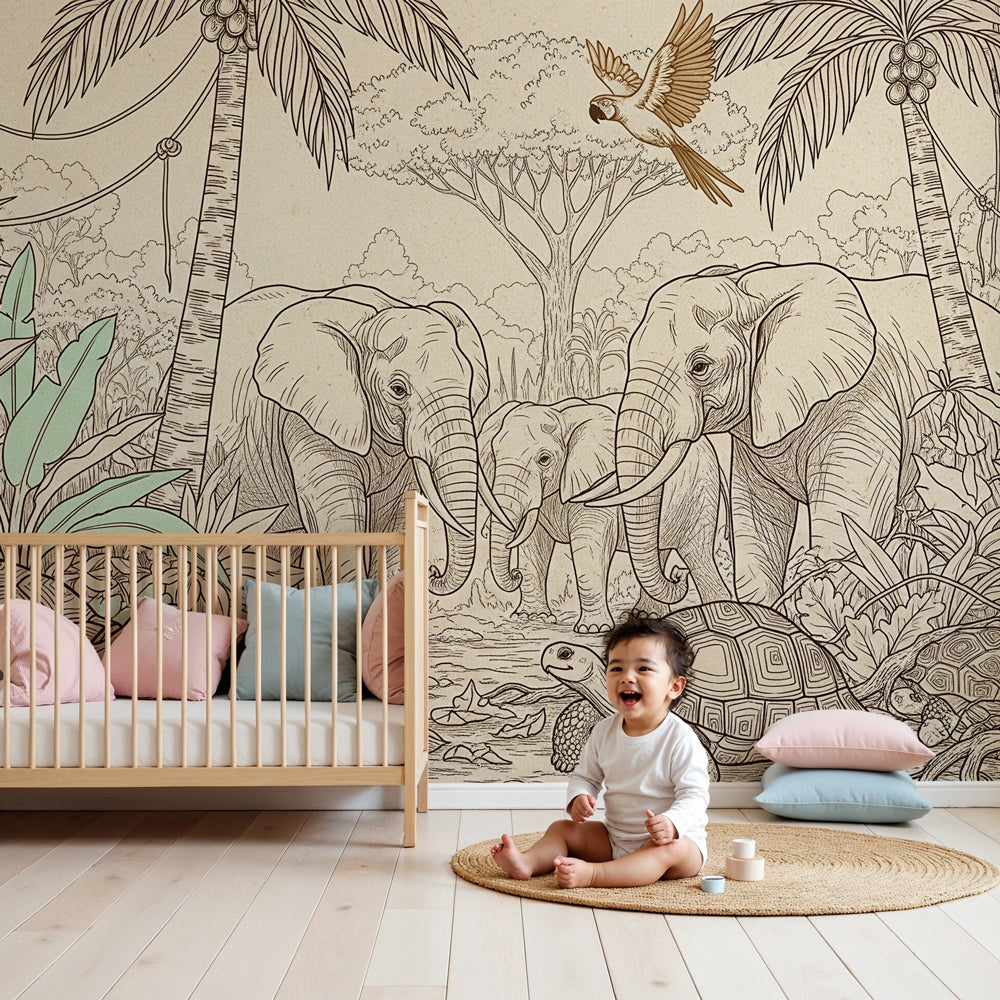 Jungle animals mural wallpaper with elephants and turtles in modern nursery by Kids-Mundo