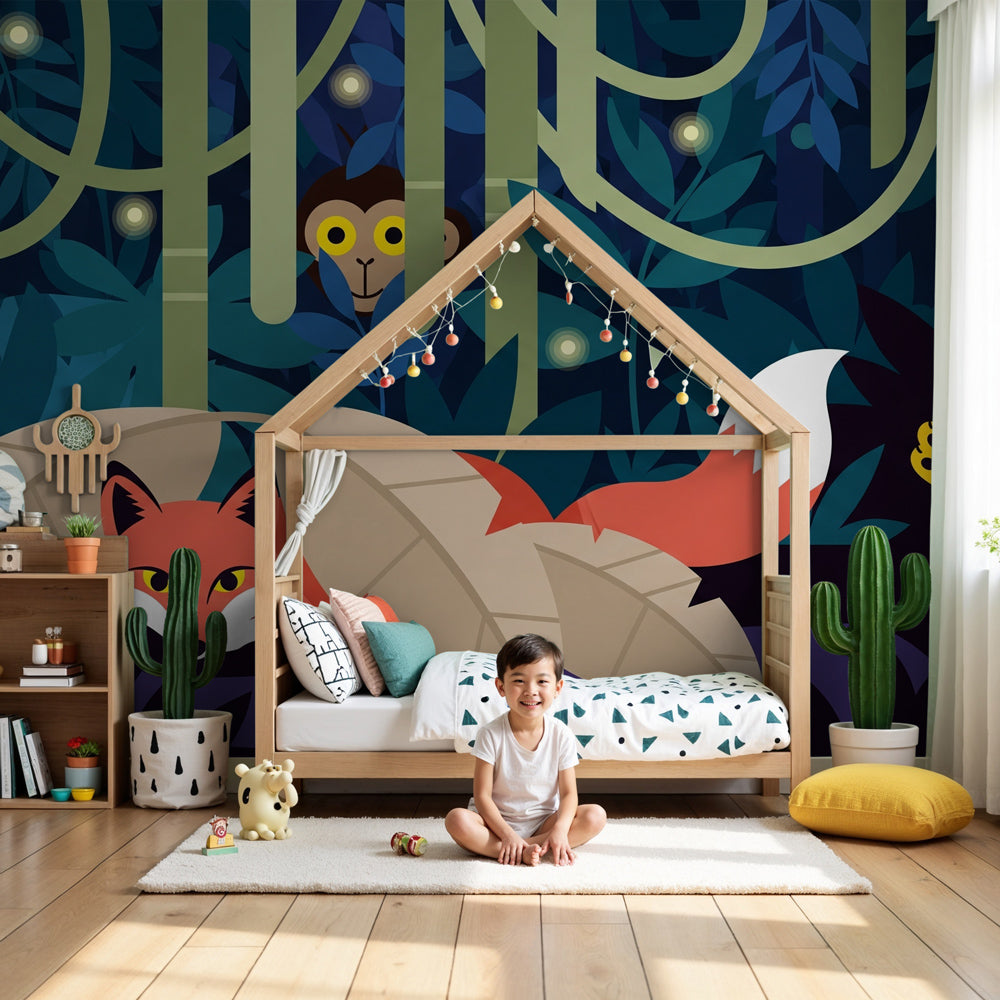 Jungle animals mural wallpaper with fox and leopard in modern nursery room by Kids-Mundo