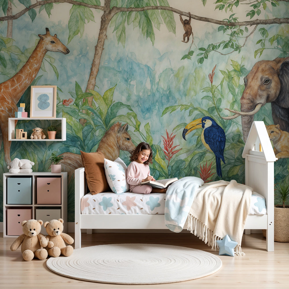 Jungle animals mural wallpaper creating safari adventure in modern nursery room by Kids-Mundo