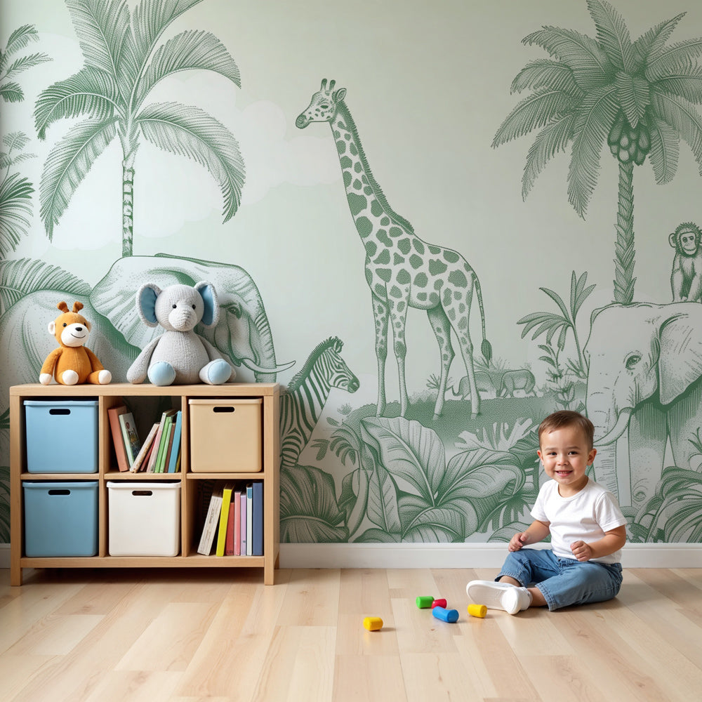 Jungle animals mural wallpaper in modern nursery with crib and natural decor by Kids-Mundo