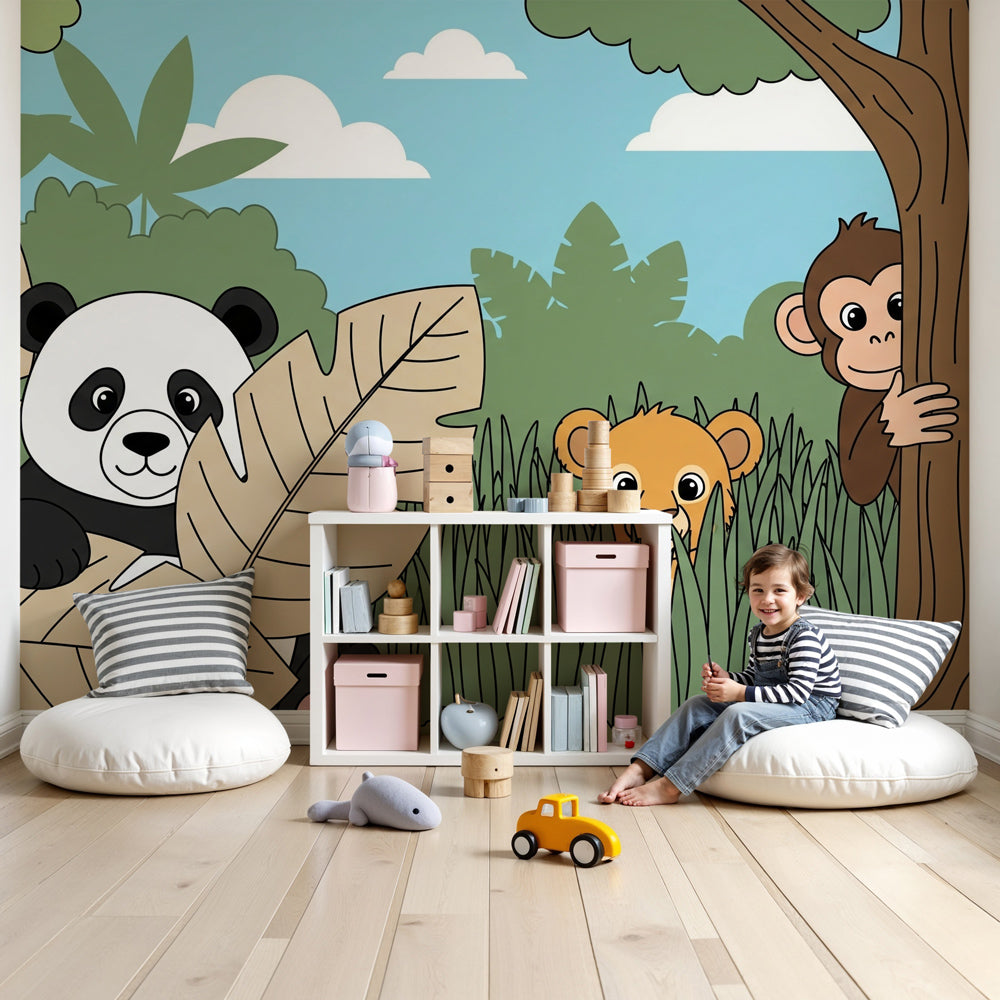 Jungle animals mural wallpaper with hide and seek safari theme in modern nursery by Kids-Mundo