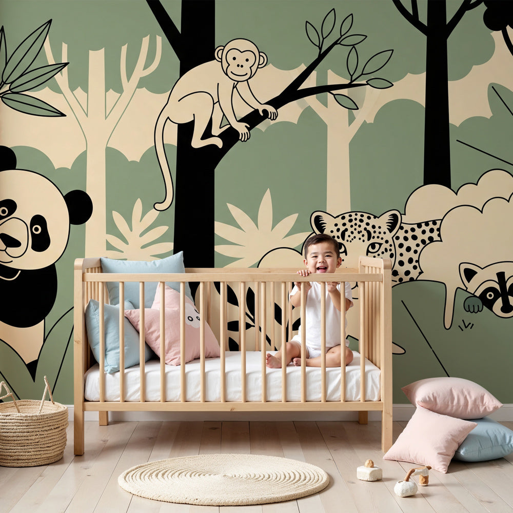 Jungle animals mural wallpaper with panda and monkey in modern nursery by Kids-Mundo