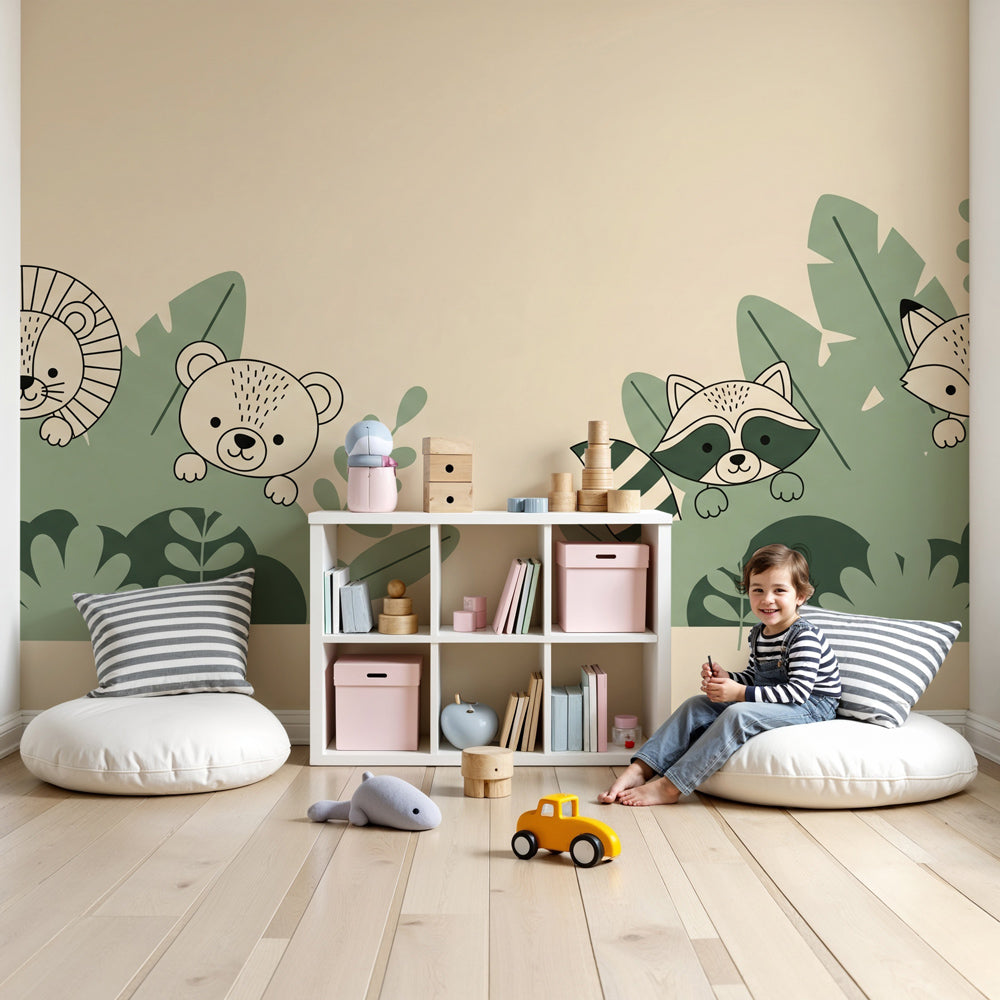 Jungle animals mural wallpaper in modern baby nursery with safari creatures and green foliage by Kids-Mundo