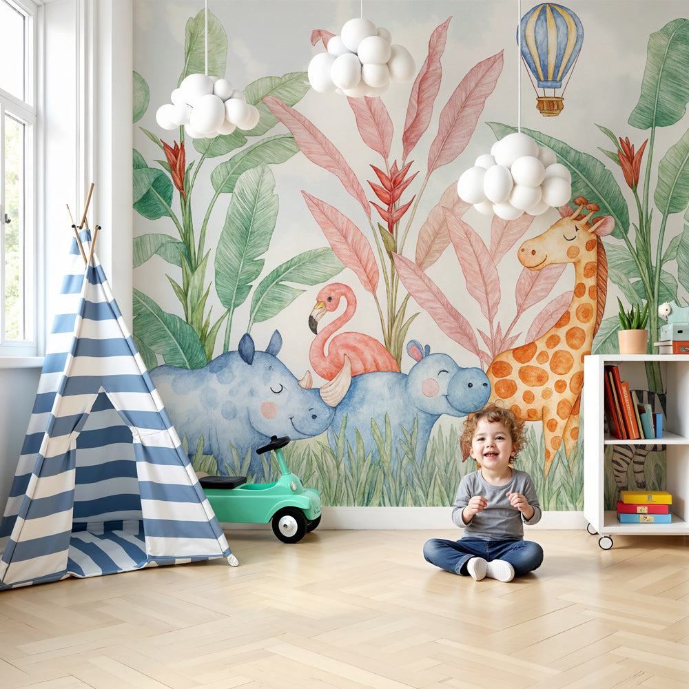 Jungle animals mural wallpaper with safari characters in modern kids nursery by Kids-Mundo