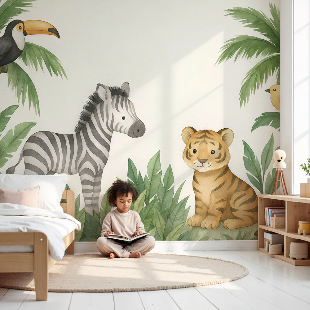 Jungle animals mural wallpaper with zebra and tiger in modern nursery decor by Kids-Mundo