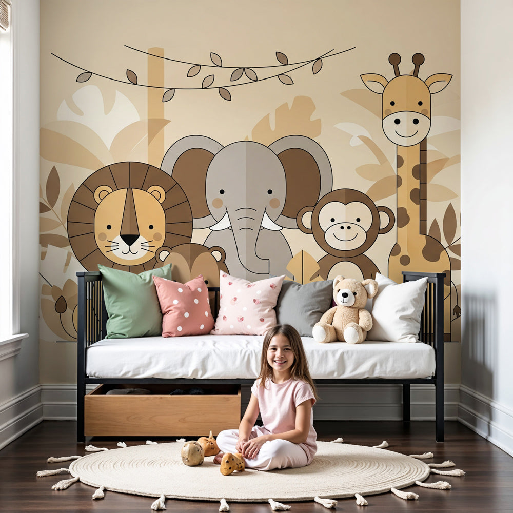 Jungle animals mural wallpaper with safari friends in modern nursery room by Kids-Mundo