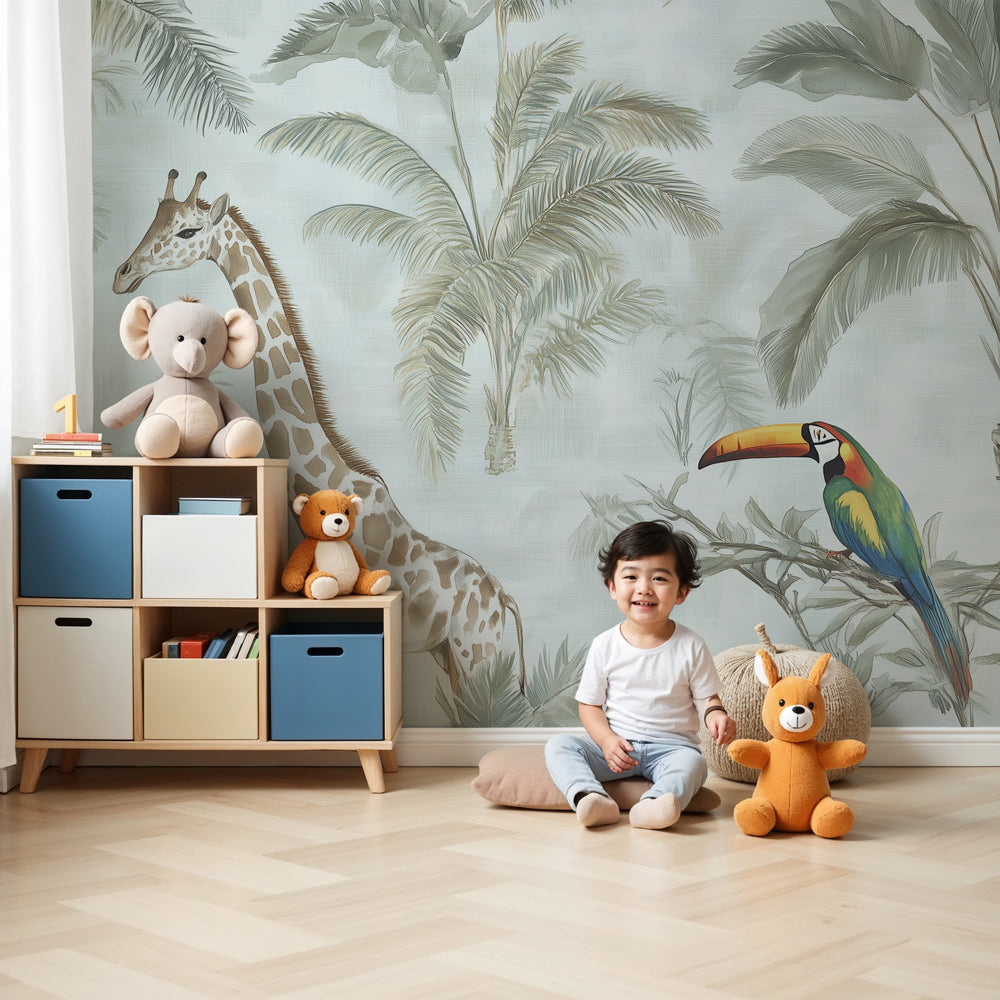 Watercolor jungle animals mural wallpaper with giraffe and toucan in modern nursery by Kids-Mundo