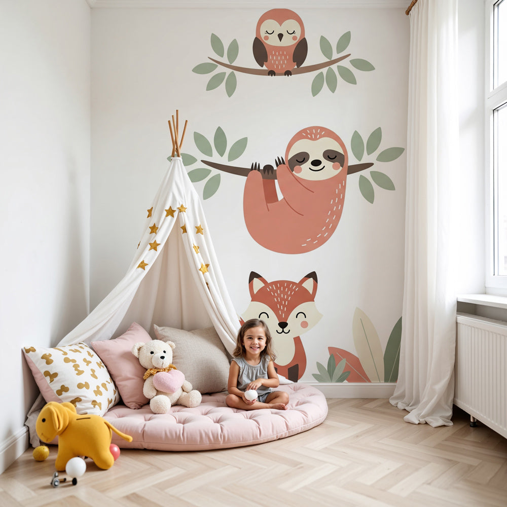 Jungle animals mural wallpaper featuring owl, sloth and fox in modern nursery by Kids-Mundo