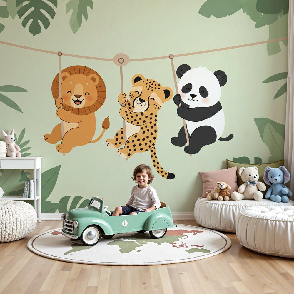 Jungle animals mural wallpaper in modern nursery with hanging safari friends by Kids-Mundo