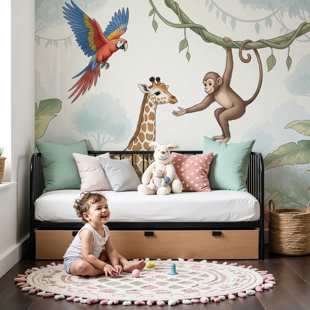 Jungle animals mural wallpaper with giraffe and monkey in modern nursery by Kids-Mundo