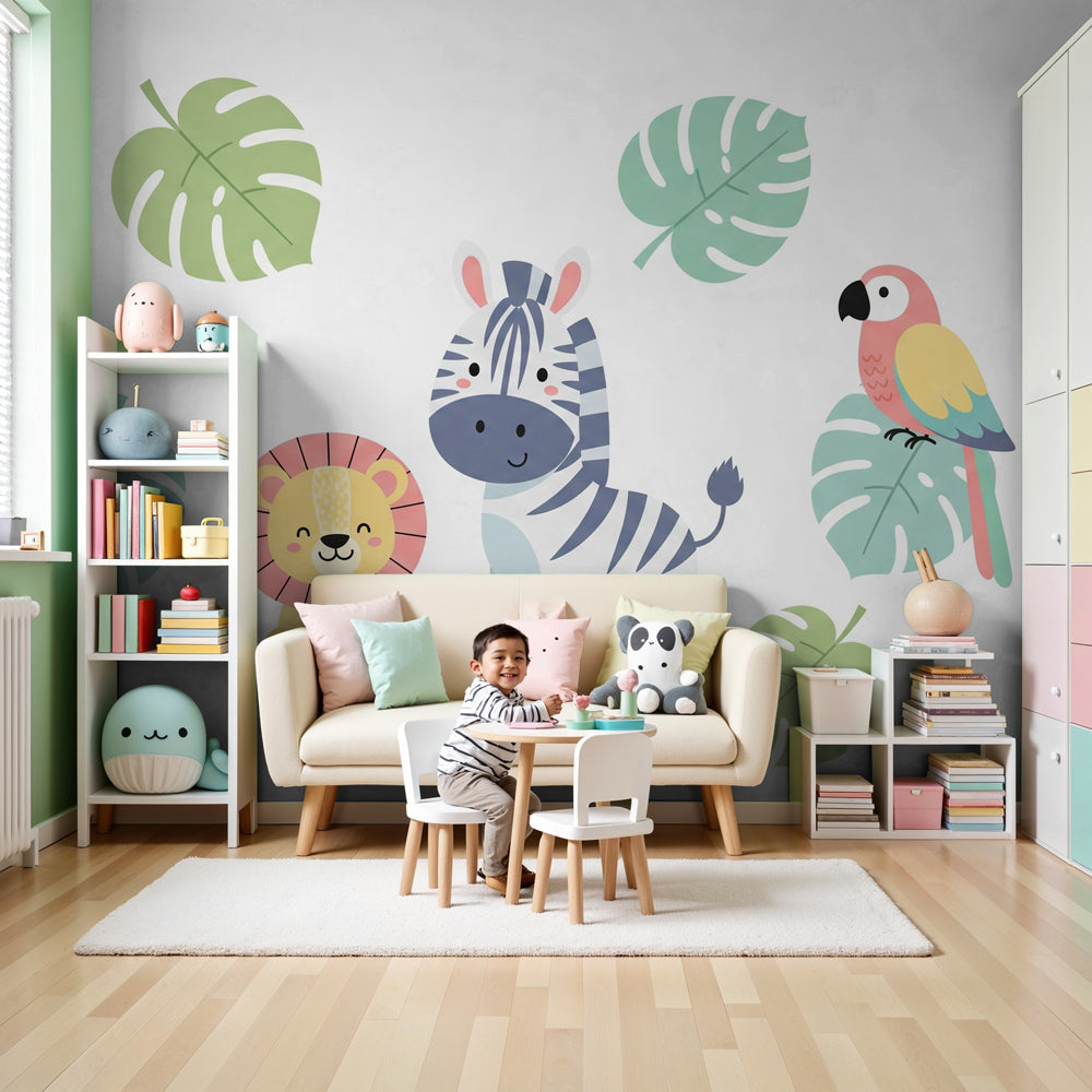 Jungle animals mural wallpaper with lion and zebra in modern nursery room by Kids-Mundo