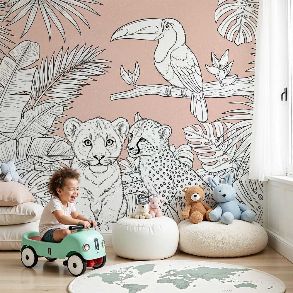 Jungle animals mural wallpaper with lion cub and cheetah in modern nursery by Kids-Mundo