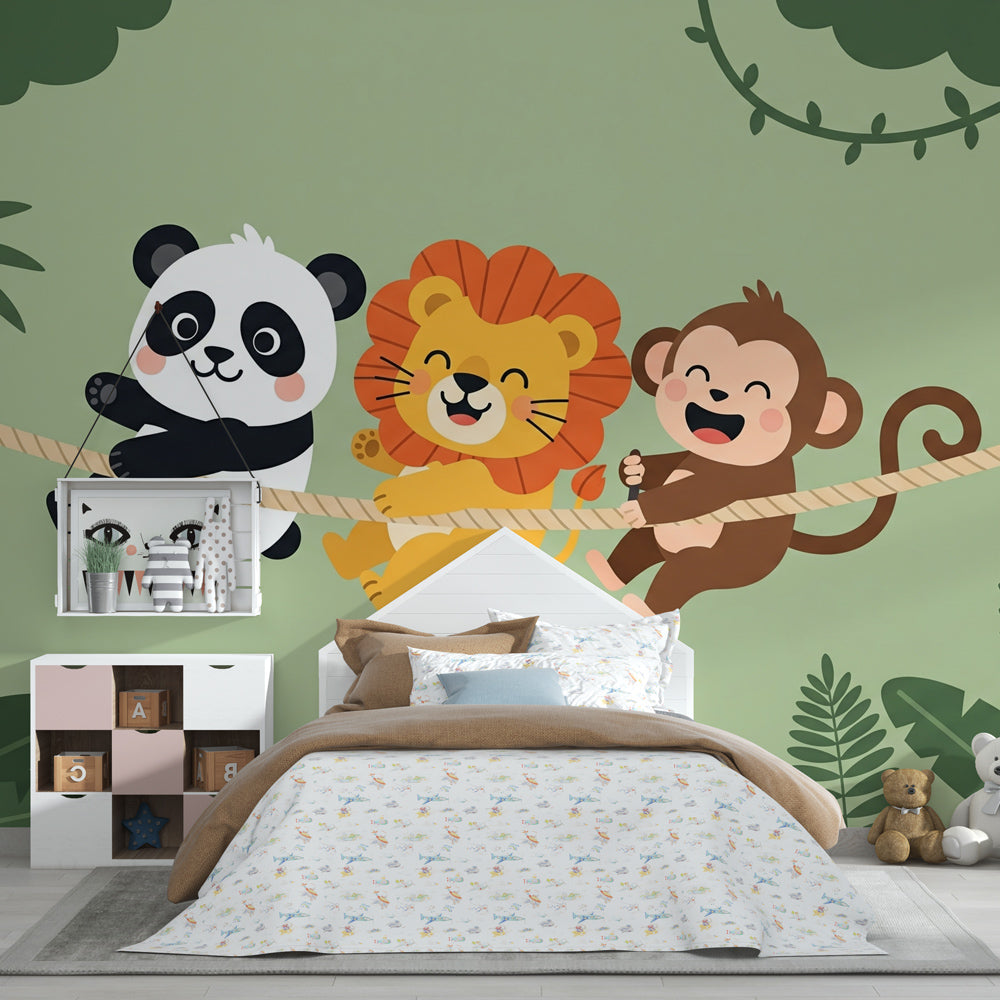 Safari theme children's bedroom featuring jungle animals wallpaper with tropical foliage decor