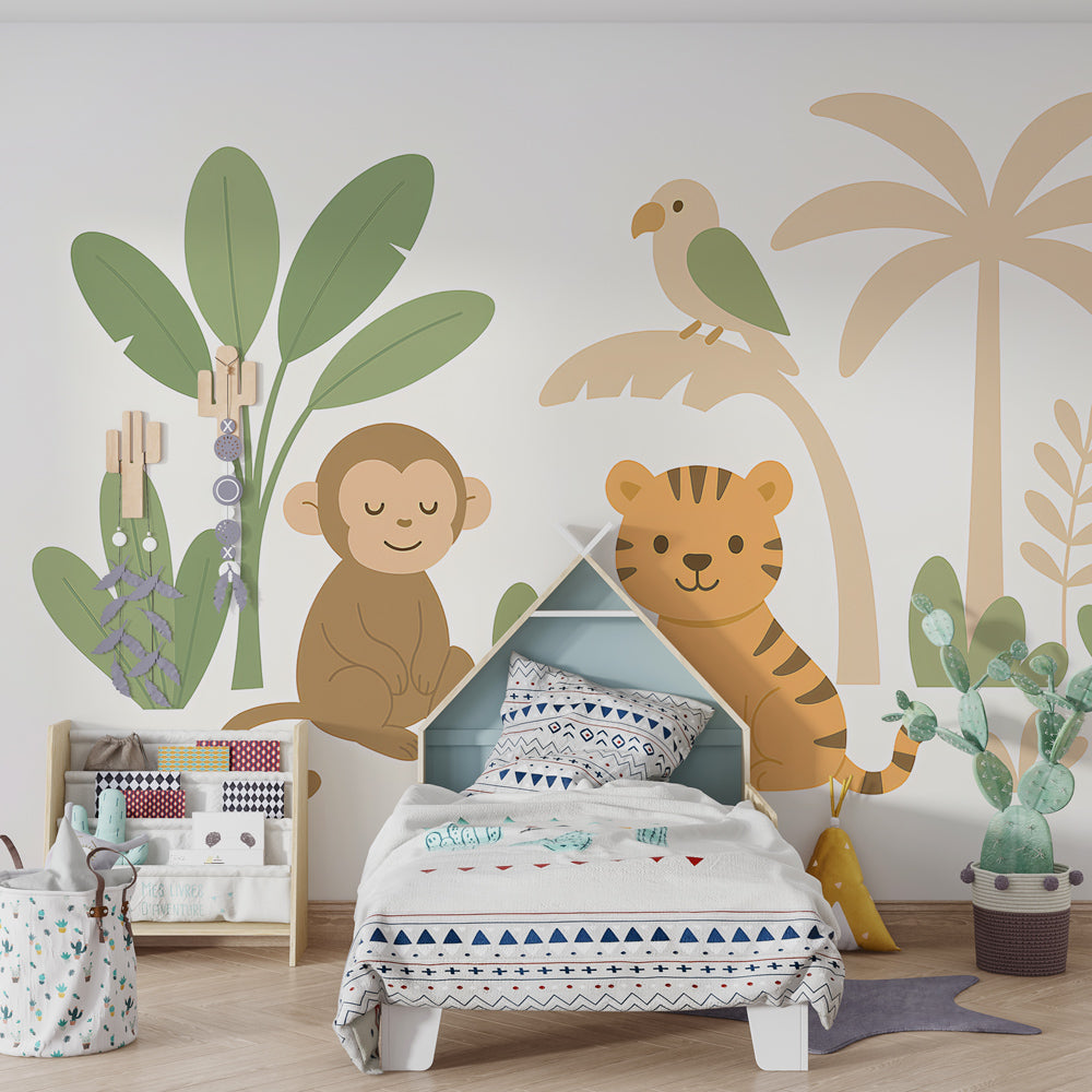 Safari themed children's bedroom featuring monkey tiger mural wallpaper with natural decor