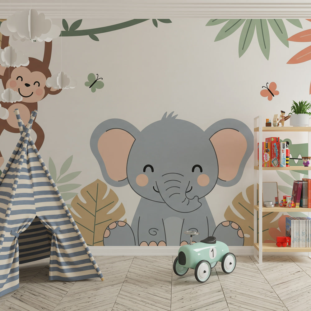 Tropical safari wallpaper creating playful jungle atmosphere in children's bedroom