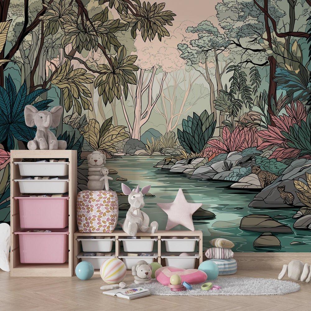 Exotic jungle safari wallpaper creating adventure-themed children's bedroom with natural decor