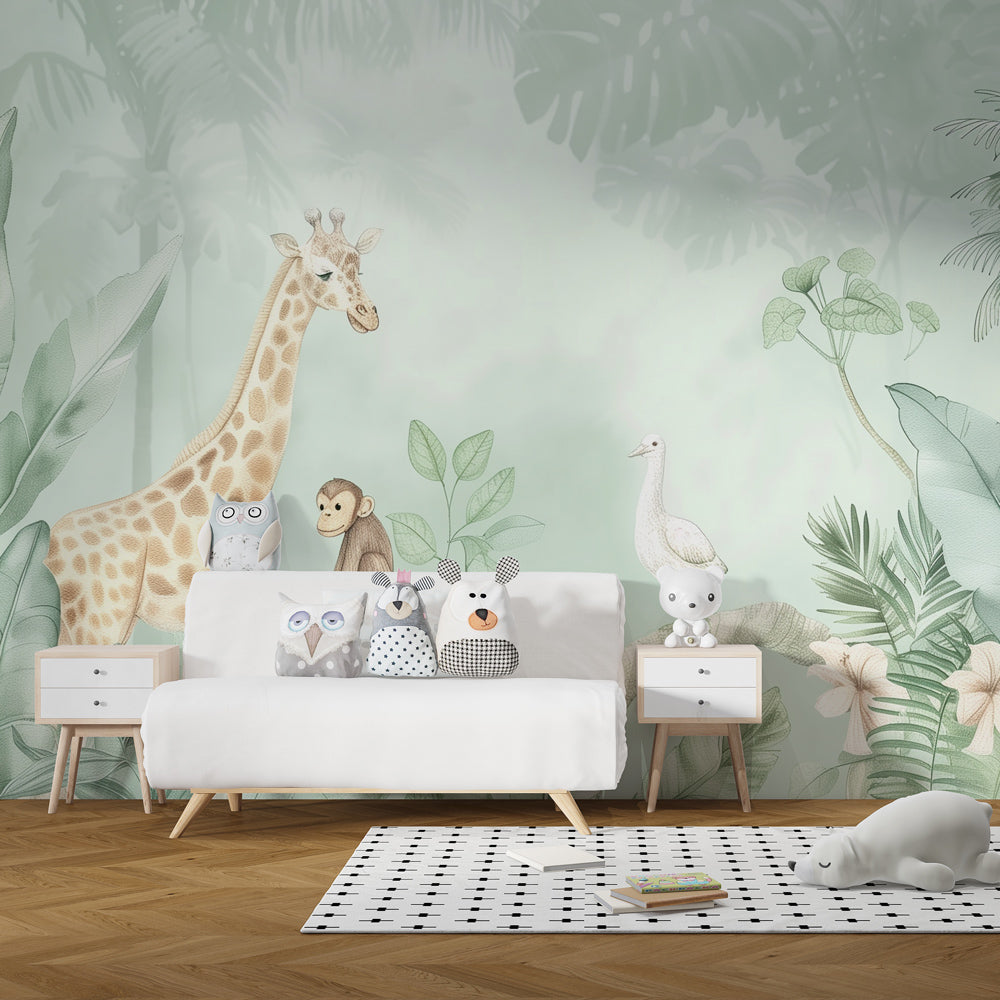 Gentle safari themed mural wallpaper with giraffes creating calm children's bedroom decor