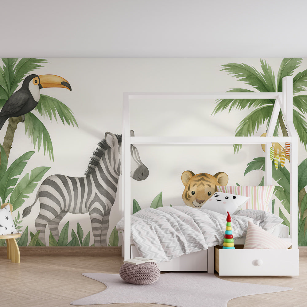 Safari themed jungle wallpaper creating adventurous kids bedroom atmosphere with tropical animals