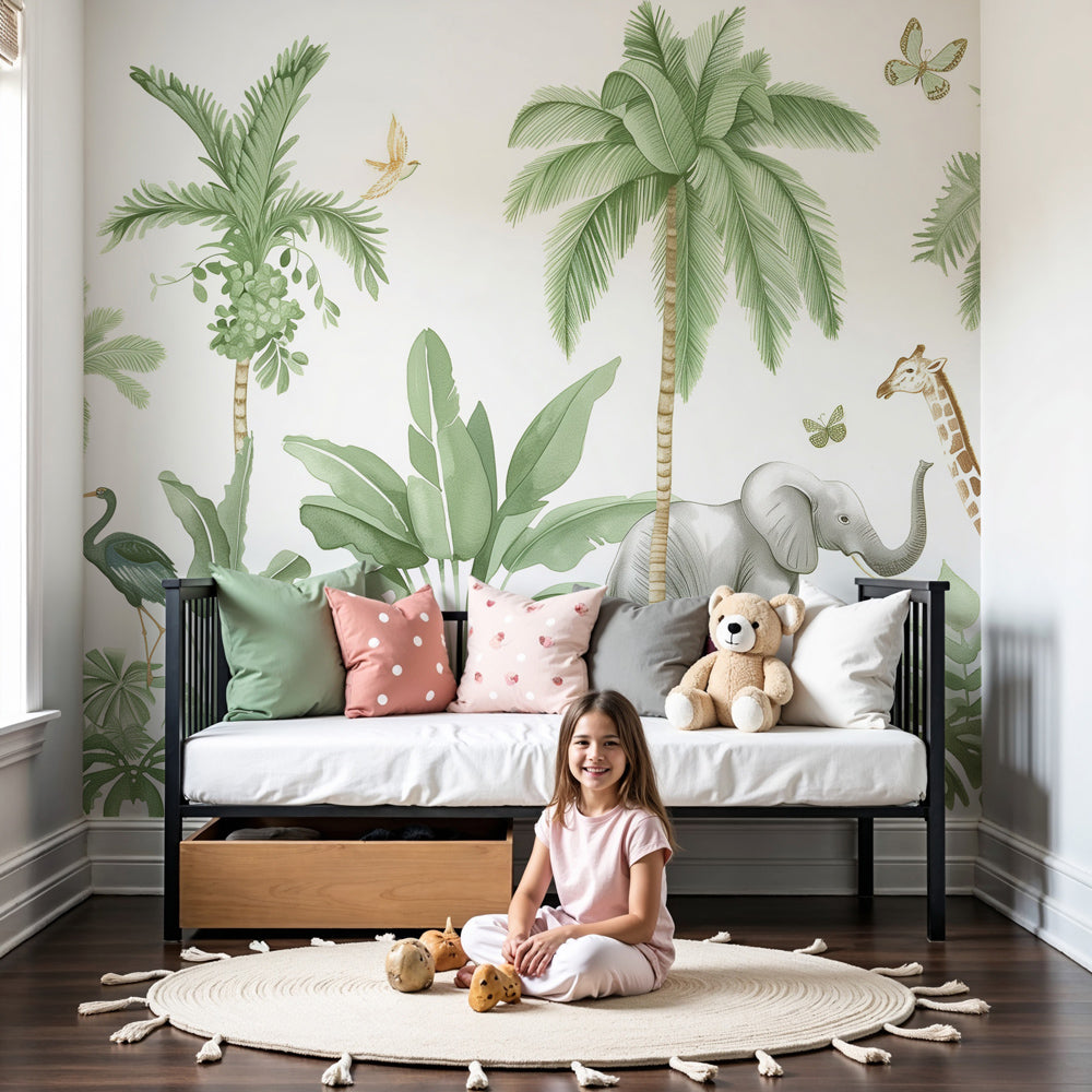 Jungle animals mural wallpaper with elephants and giraffes in modern nursery by Kids-Mundo