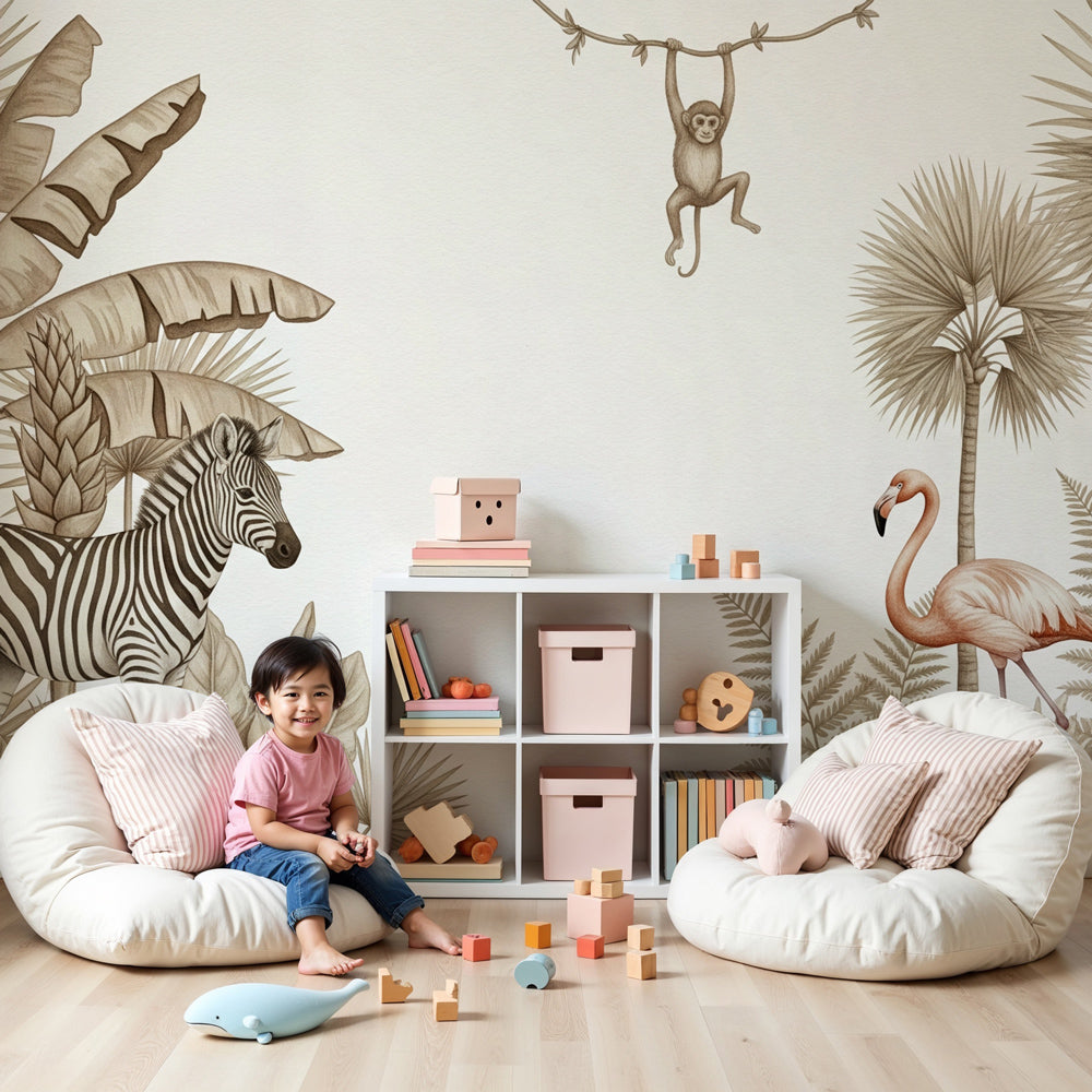 Jungle animals mural wallpaper with zebra and flamingo creating safari-themed nursery by Kids-Mundo