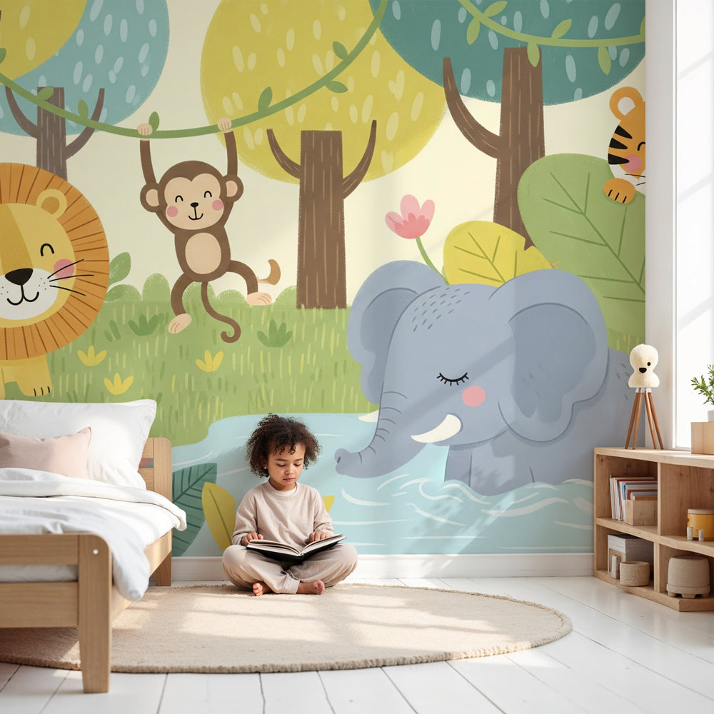 Jungle animals mural wallpaper creating safari adventure atmosphere in modern kids nursery by Kids-Mundo