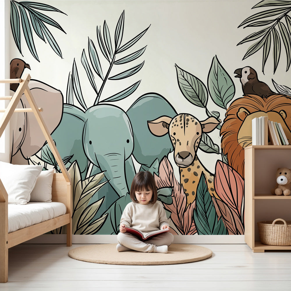 Jungle animals mural wallpaper with elephants and giraffes in modern nursery by Kids-Mundo