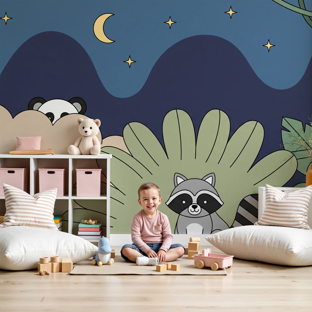 Jungle animals mural wallpaper creating magical safari nursery decor with starry night theme by Kids-Mundo