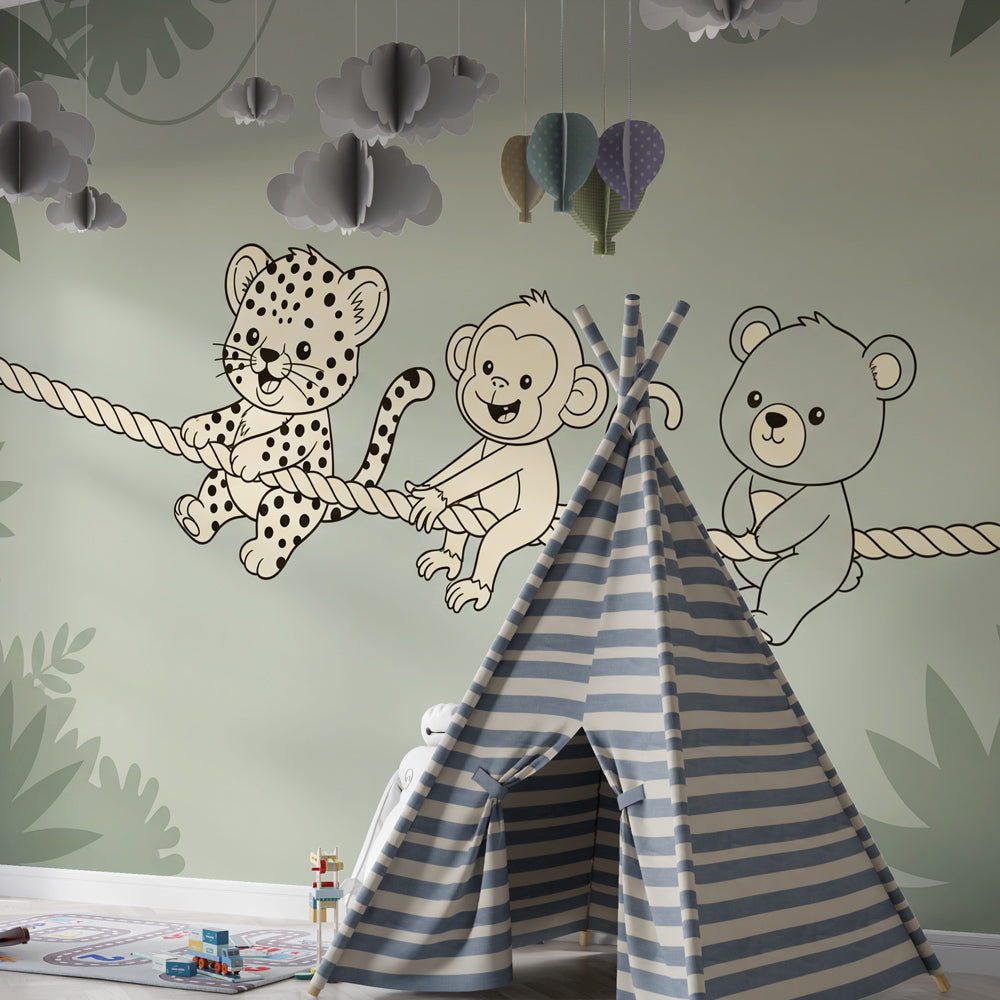 Safari animals wallpaper creating cozy atmosphere in toddler bedroom with wooden furniture