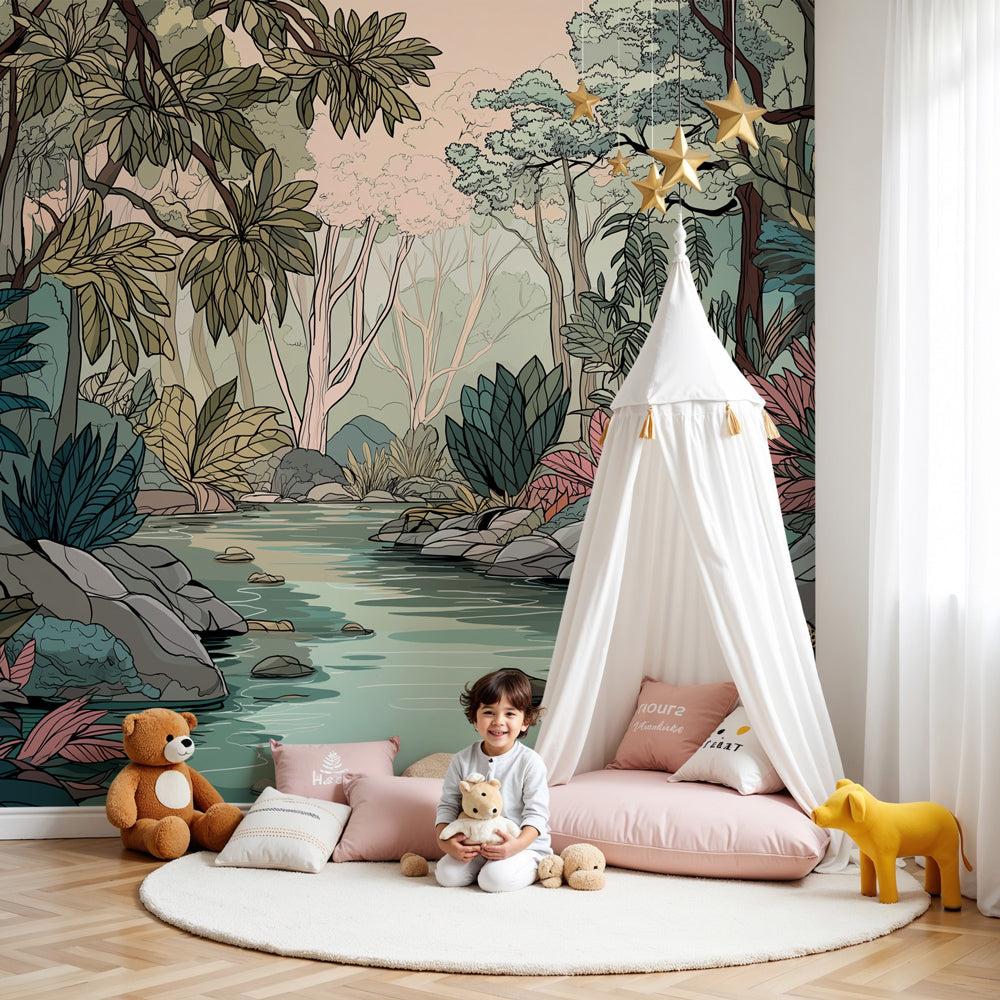 Jungle animals mural wallpaper with leopards and tropical river in modern kids nursery by Kids Mundo