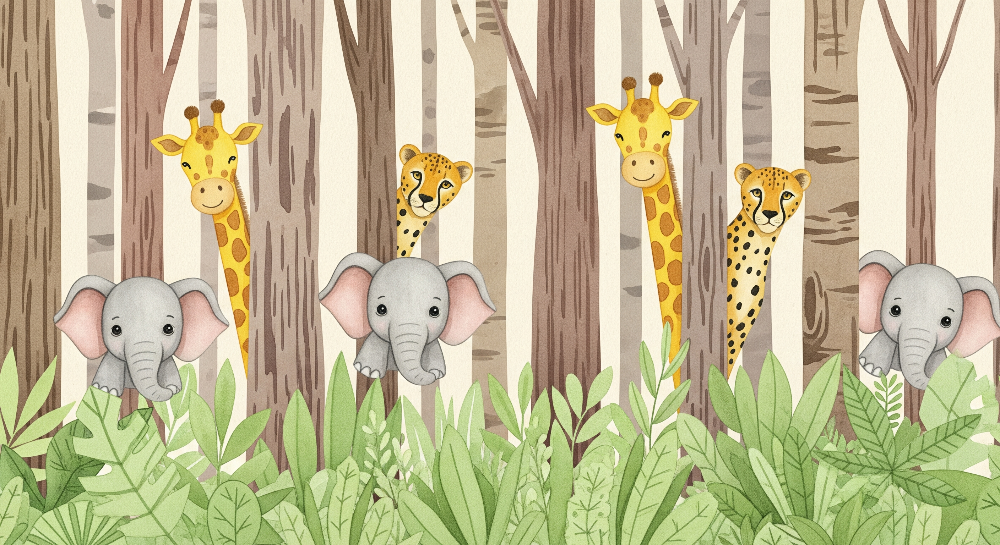 Jungle Animals Peeking Through Trees Wall Mural