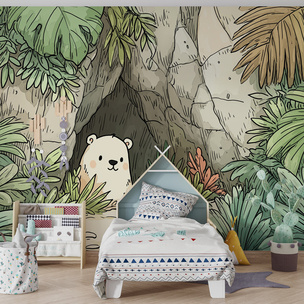 Colorful jungle bear wallpaper transforming baby bedroom into tropical adventure space