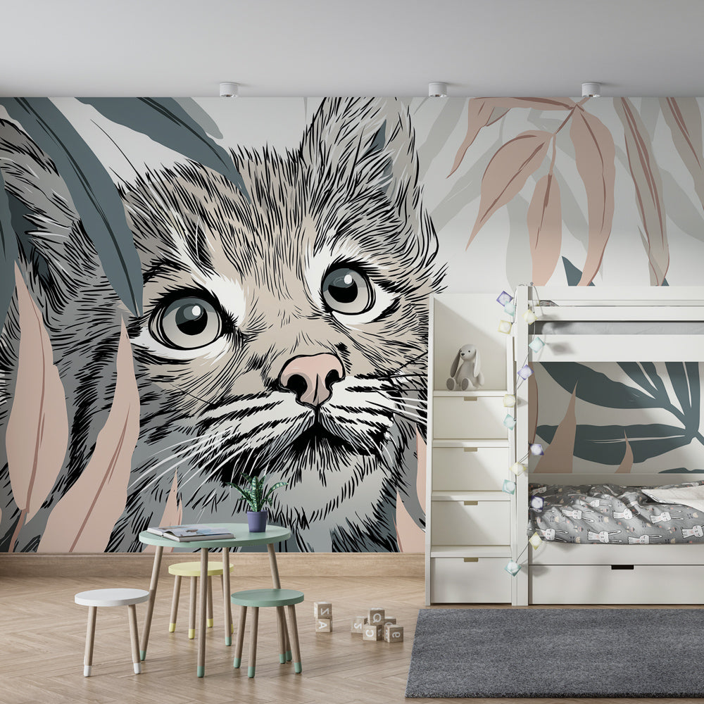 Tropical kitten wallpaper creating safari-themed children's bedroom with natural wood furniture
