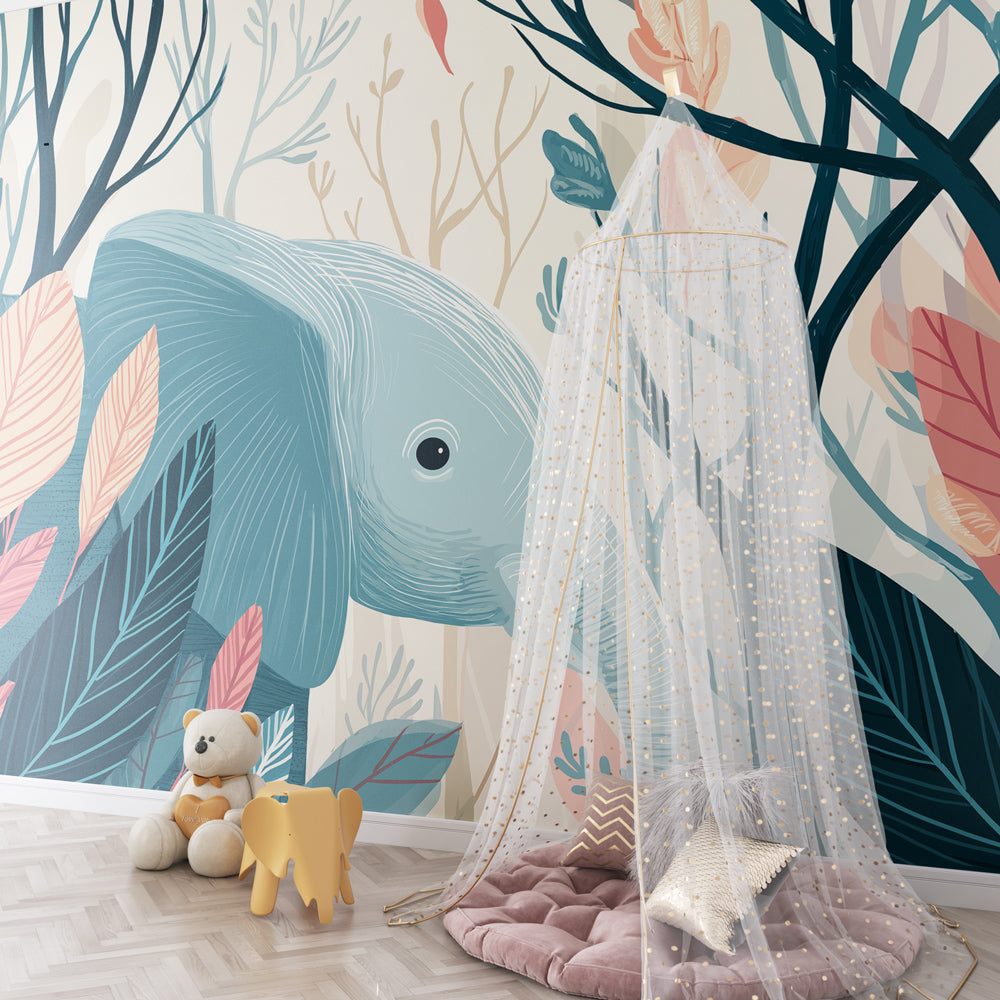 Safari elephant wallpaper with soft blue and pink foliage decorating peaceful children's bedroom