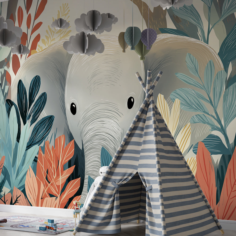 Tropical elephant wallpaper creating adventurous kids bedroom decor with vibrant jungle plants