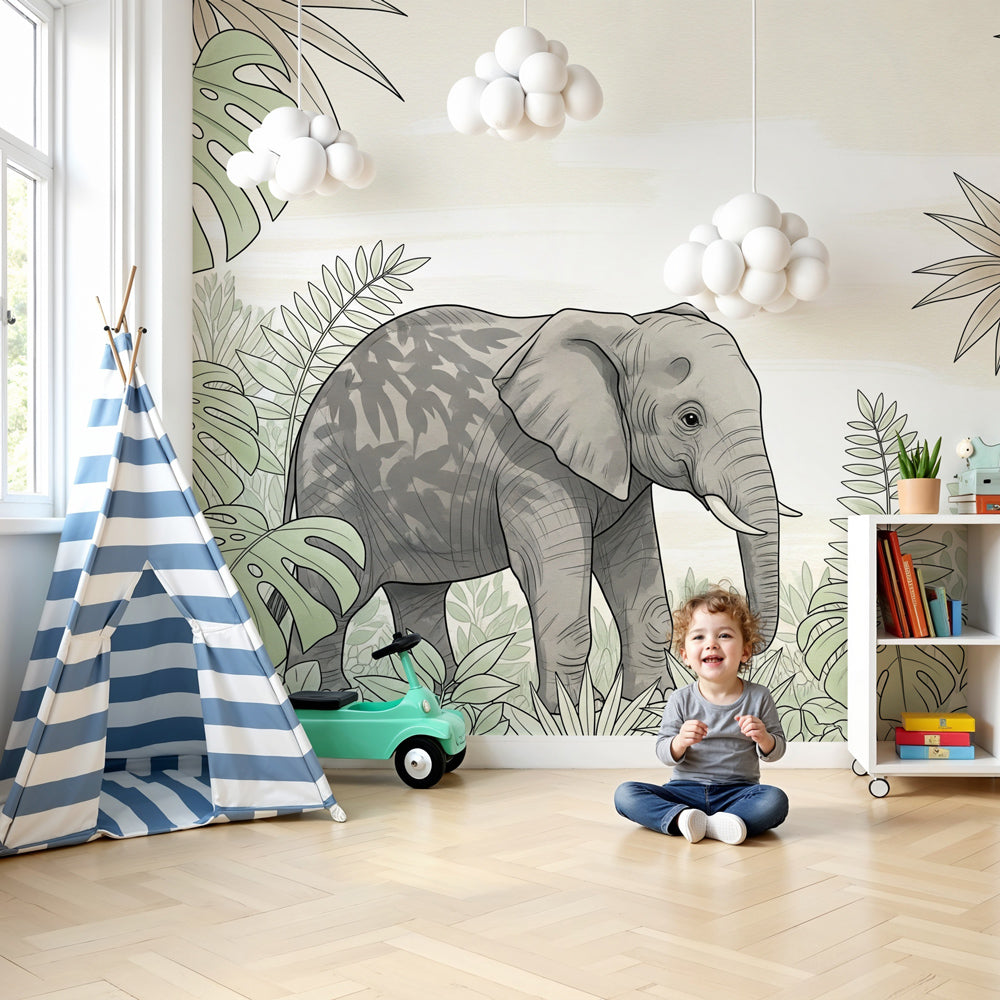 Elegant elephant jungle mural wallpaper in modern nursery setting by Kids-Mundo