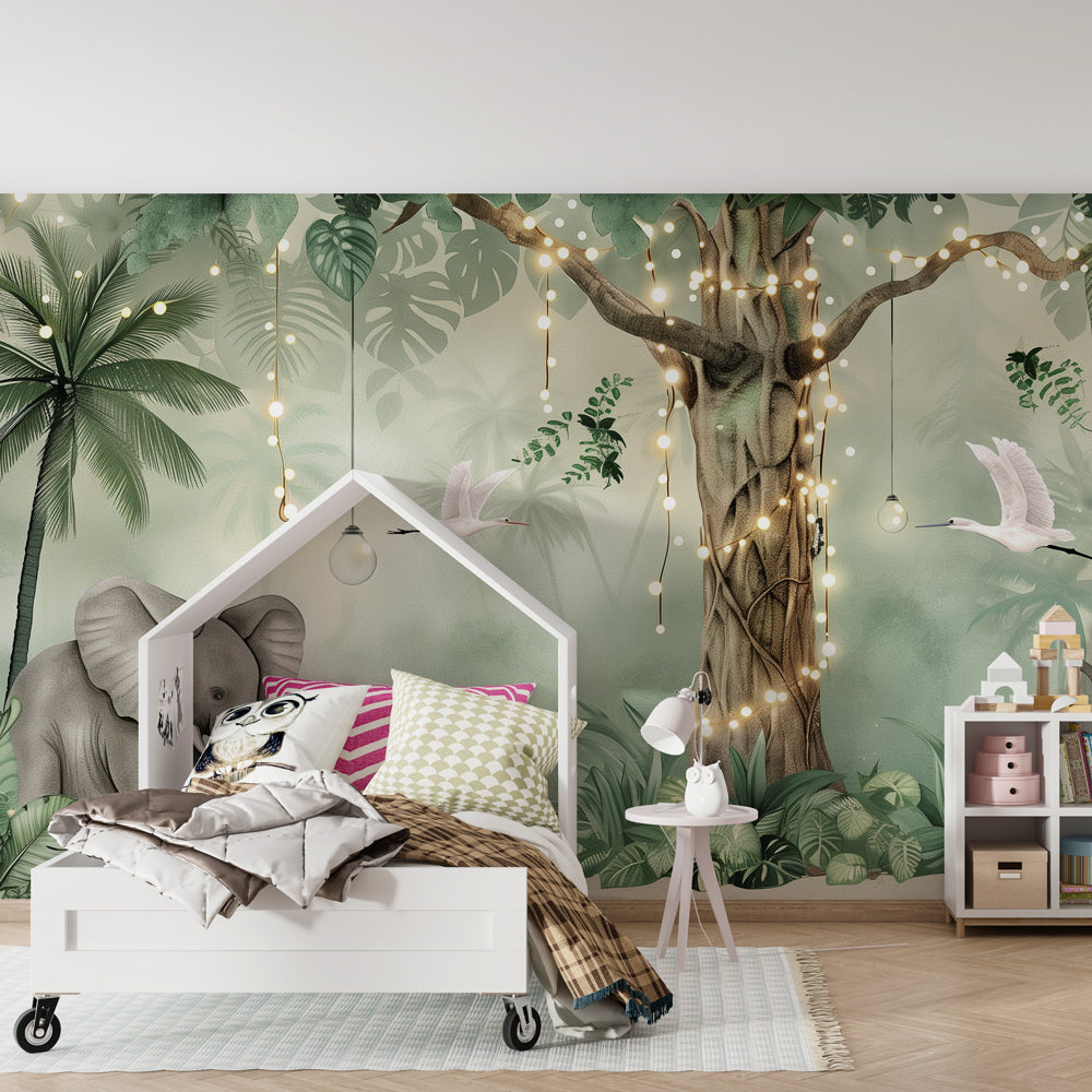 Safari adventure elephant wallpaper creating magical kids bedroom decor with green nature theme