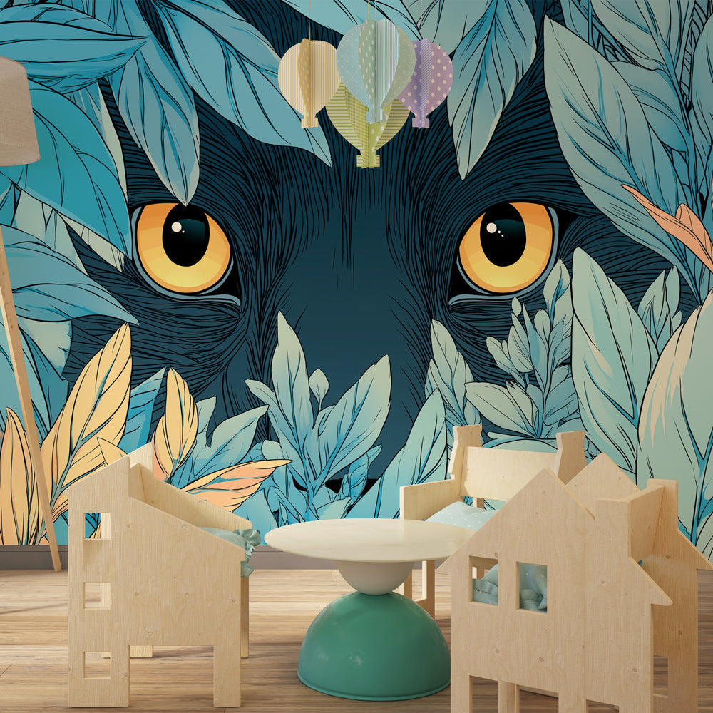 Animal eyes jungle wallpaper with blue orange foliage decorating children's bedroom space