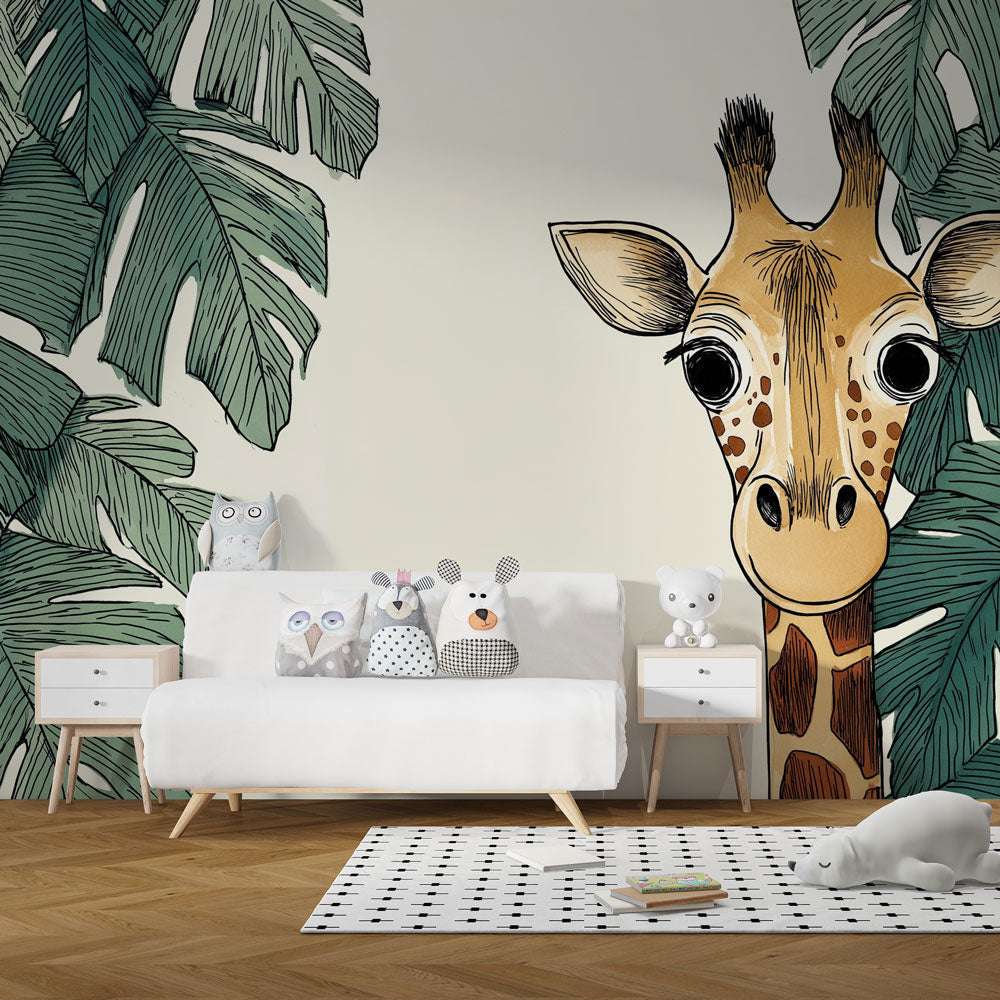 Safari giraffe wallpaper transforming kids bedroom with tropical palm leaves and natural decor
