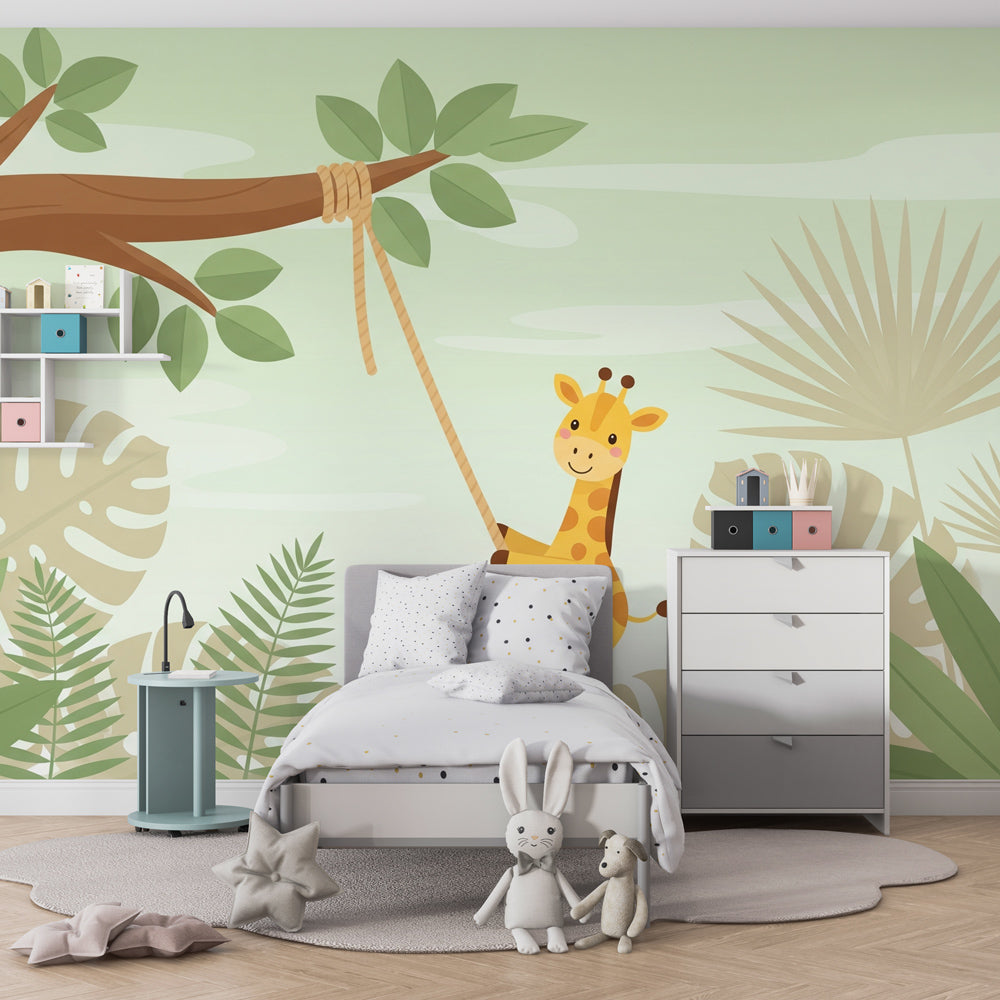Playful giraffe wallpaper with tropical leaves in modern kids bedroom setting