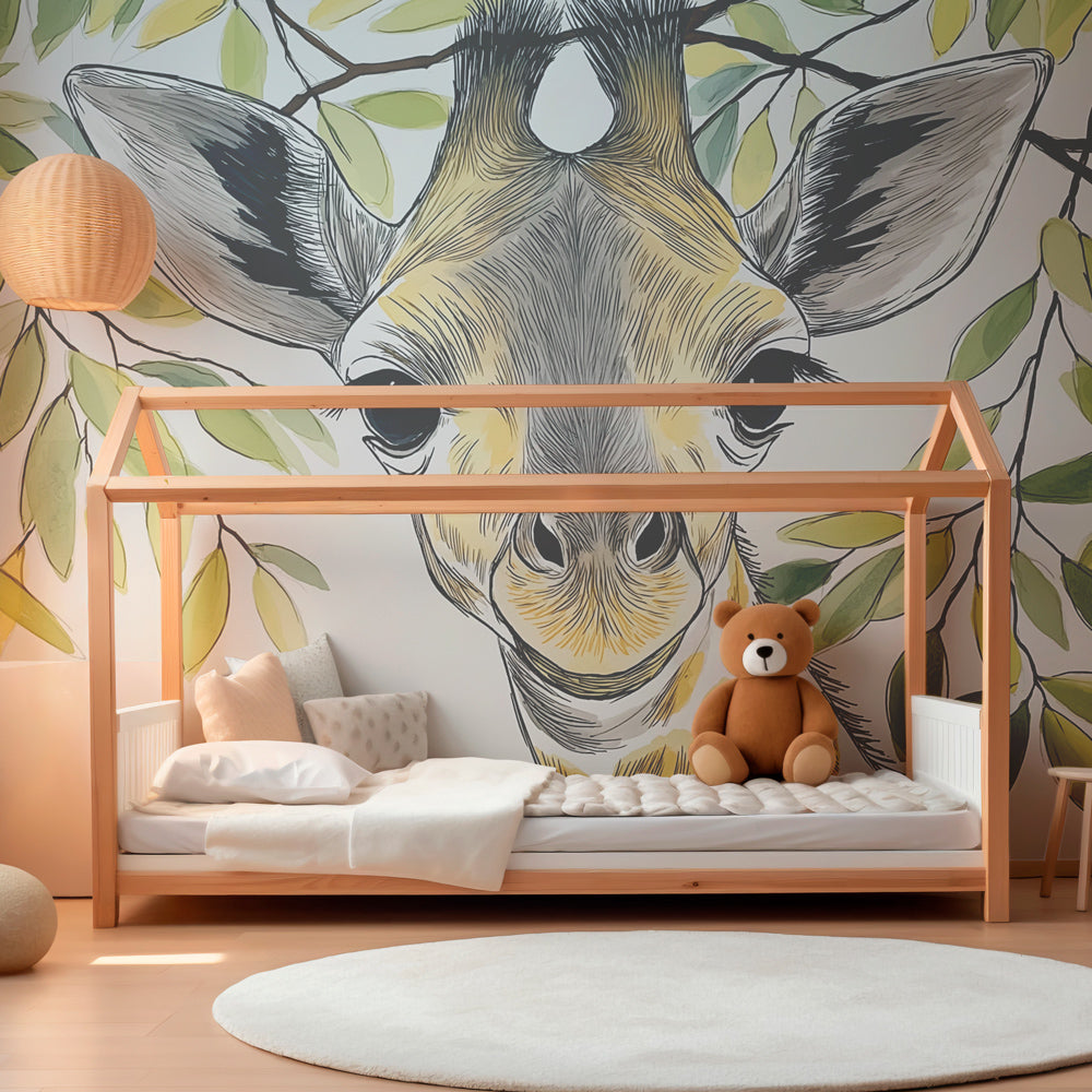 Safari giraffe wallpaper creating peaceful nursery atmosphere with soft natural lighting