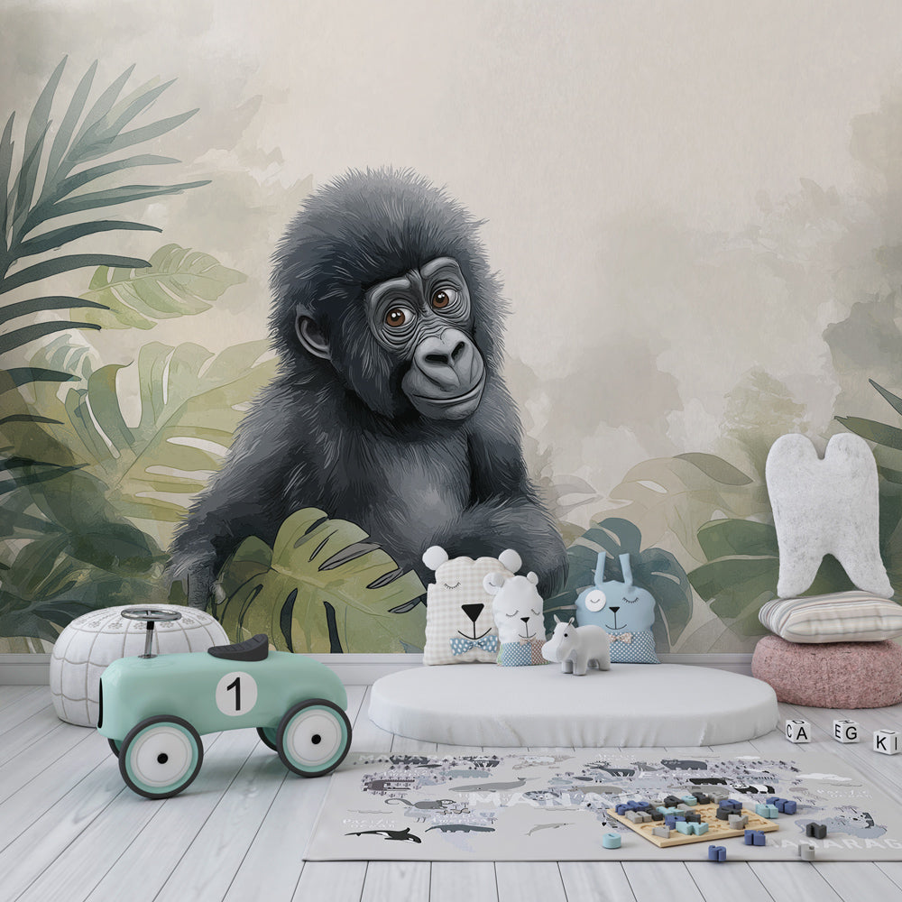 Adorable gorilla safari wallpaper creating tropical atmosphere in children's bedroom