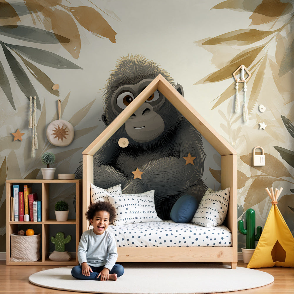 Jungle gorilla mural wallpaper decorating modern nursery with natural wood furniture by Kids-Mundo