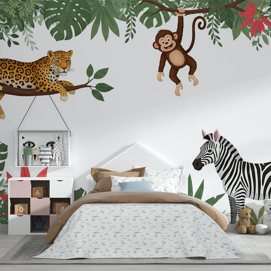 Kids-Mundo leopard, monkey and zebra jungle border wall mural styled in a child's bedroom