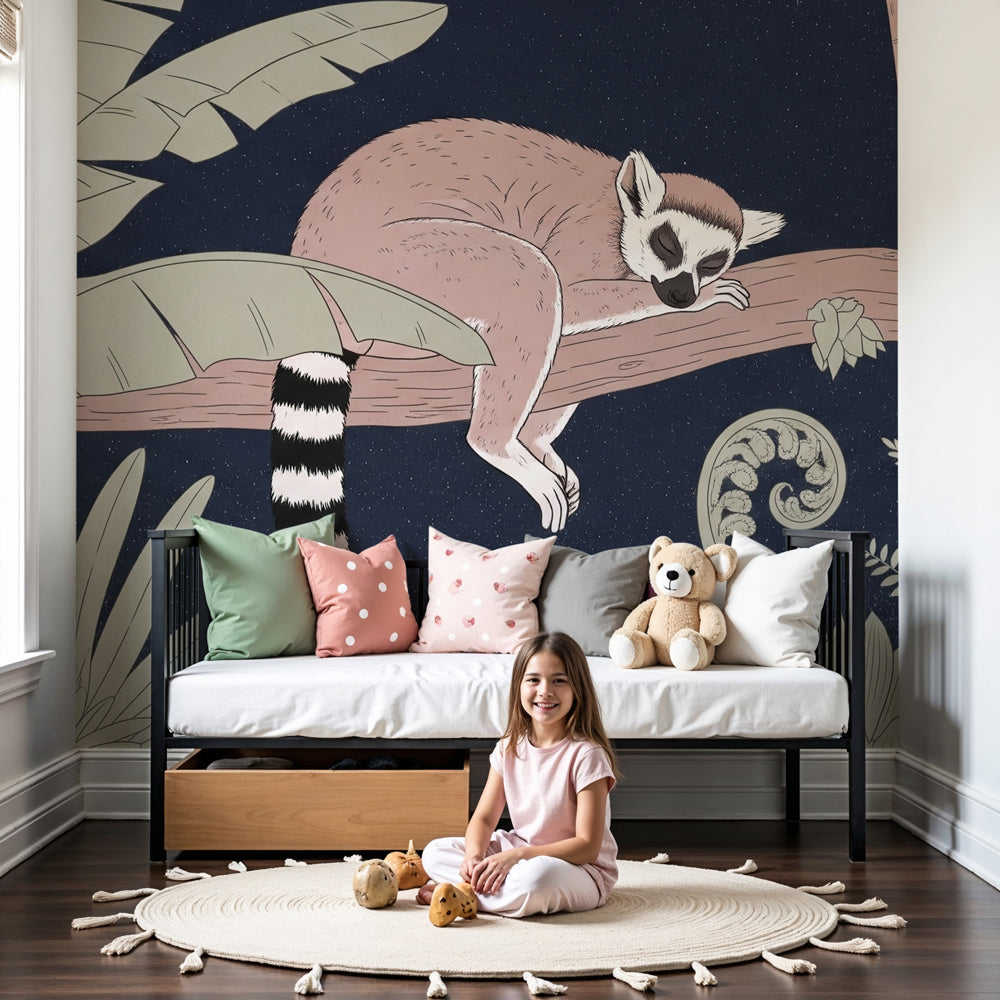 Jungle lemur mural wallpaper creating peaceful nursery atmosphere with tropical decor by Kids-Mundo