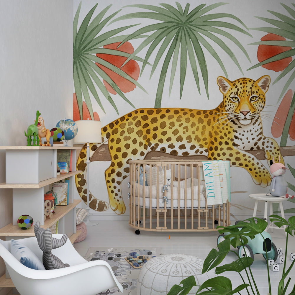 Majestic leopard safari wallpaper transforming children's bedroom into tropical jungle retreat