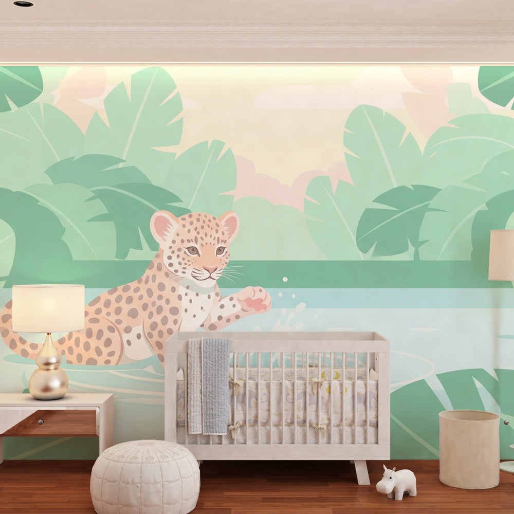 Young leopard cub wallpaper transforming children's bedroom into tropical jungle paradise
